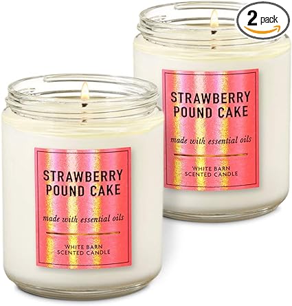 Bath & Body Works White Barn Strawberry Pound Cake Single Wick Scented Candle with Essential 7 oz / 198 g each Pack of 2