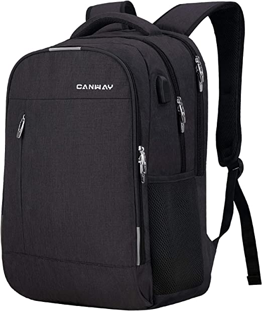 CANWAY Travel Laptop Backpack for Women / Men 15.6-Inch College School Backpack with Laptop Compartment and USB Charging Port, Anti Theft & Water Resistant Travel Business Backpack/Computer Bag - Black