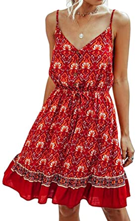 2020 Summer Women's Summer Bohemian Floral V Neck Spaghetti Strap Backless Button Down Sundress Beach Mini Dress with Belt