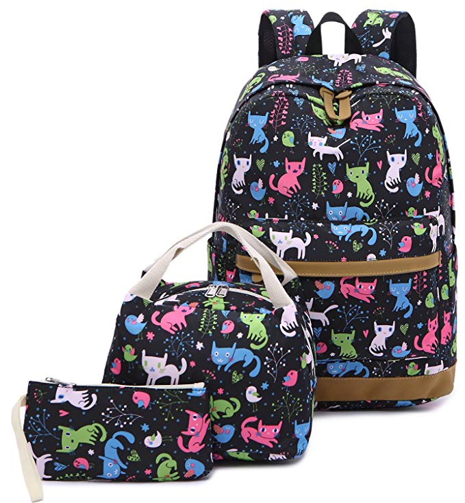 Kids Backpack for School Girls Teens Bookbag Set School Bag with Insulated lunch bag (Cat Blue-0021)