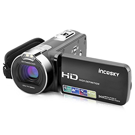 Video Camera Camcorder, incoSKY 1080P 24MP 16X Digital Zoom Camera with 2.7" TFT LCD 270 Degree Rotation Screen, Black