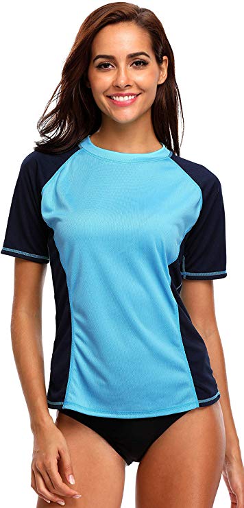 ATTRACO Women's UPF 50  Short Sleeved Active Rashguard Solid Workout Top Sports Swim Tee