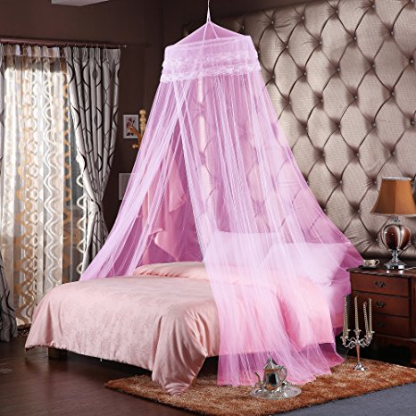 Round Hoop Double Lace Princess Mosquito Net Bed Canopy Fit Crib Twin Full Queen Pink