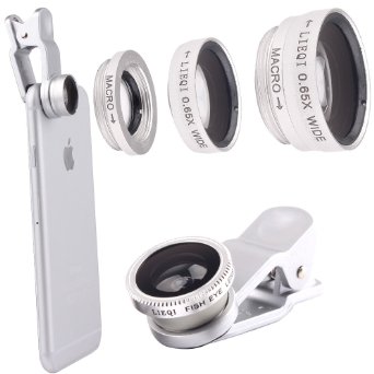 Evershop Universal 4 in 1 Iphone Lens Camera Phone Lens Kit Clip on Fish Eye Lens  2 in 1 Macro Lens  Wide Angle Lens  CPL Lens Camera Lens Kit for Smart Phones Silver
