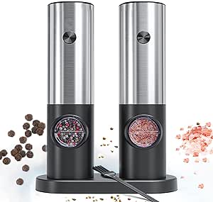 Electric Salt and Pepper Grinder Set, RIGHTWELL 2 PCS Adjustable Coarseness Pepper Grinder Mill with Storage Base and LED Light, Automatic Ceramic Core Salt Grinder for for Kitchen, BBQ, Camping,70ml