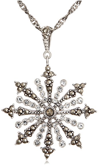 Sterling Silver Marcasite and Cubic Zirconia Snowflake  Pendant, 18"