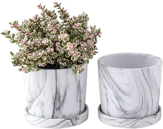 JODA 5.9 inch Ceramic Planter Pots, Flower Pots with Detached Saucer, Indoor Plant Pots with Drainage - Set of 2 (White Marble Pattern)