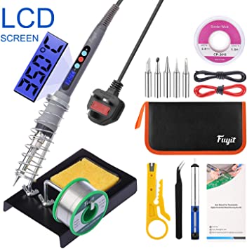 Fuyit LCD Soldering Iron Kit 15pcs Welding Tool Set with Thermostatic Digital-Controlled Pen 60W 220V Adjustable Temperature 180°C- 480°C with Lead Free Solder Wire 100g