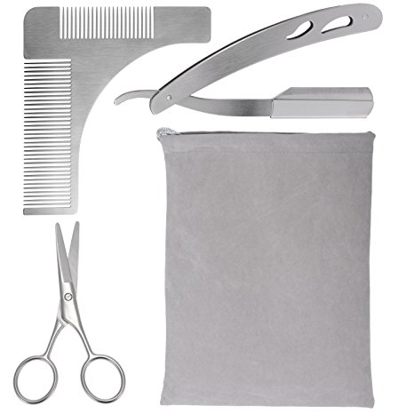 Beard Trimming Tool, SoulBay Mustache Shaping Symmetric Kit for Men, Including Styling Comb Template  Professional Manual Shaver(Blades Not Included)   Stainless Steel Scissors  A Large Velvet Bag