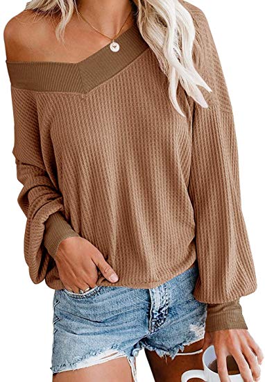 Dressmine Women's V Neck Long Sleeve Shirts Waffle Knit Tunic Tops Oversized Pullover Sweaters