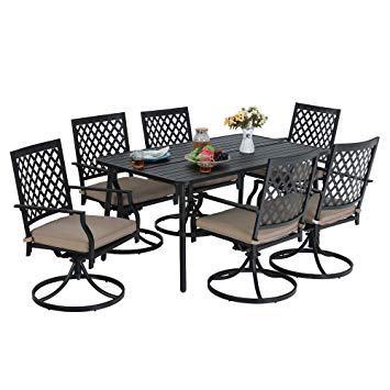 MF STUDIO 7-Piece Metal Outdoor Patio Dining Bistro Set with 6 Swivel Armrest Chairs and Steel Frame Slat Larger Rectangular Table, 59" x 35"x28" Table and 6 Backyard Garden Chairs, Black