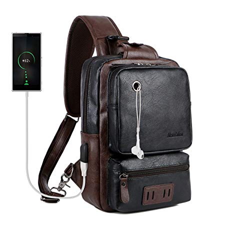 Large Capacity Crossbody Bag for Men Leather Sling Bag with USB Charge&Headphone Hole(BLACK)