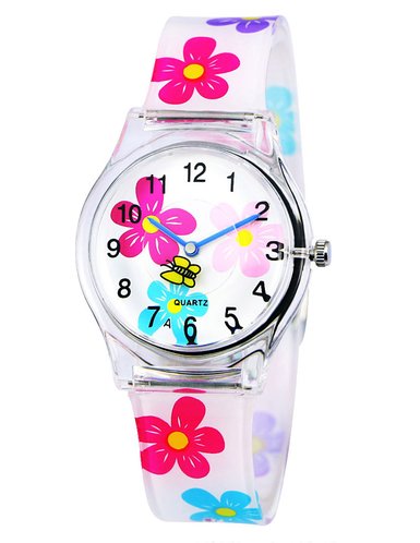 Zeiger Analog Display Easy Read Time Teacher Teen Plastic Young Girls Children Kids Watches Colorful Flower Silicon Strap White