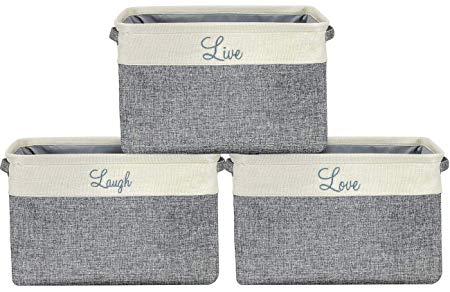 Sorbus Storage Basket Set [Pack 3] Large 15 x 10 x 9 Live Laugh and Love, Big Rectangular Fabric Collapsible Organizer Bins with Carry Handles for Easy Use (Storage Grey Bins - Script Text)