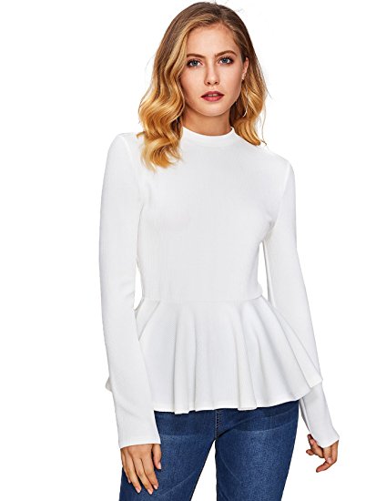 Romwe Women's Elegant Long Sleeve Ribbed Knit Ruffle Hem Peplum Top