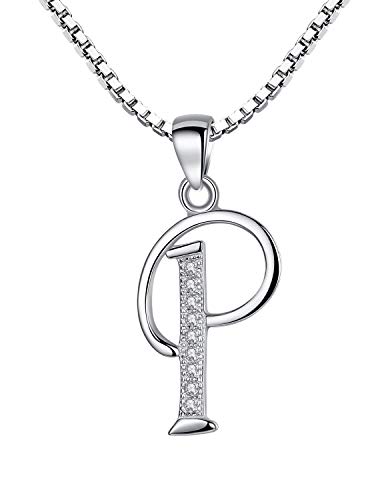 Sterling Silver English Alphabet Initial Letter P with Cubic Zirconia Pendant Necklace for Women and Girls, 46cm Box Chain - sy156n1