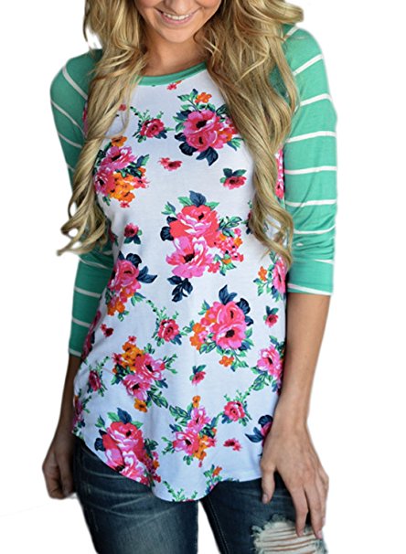 Bdcoco Women's Striped 3/4 Sleeve Floral Print T-Shirts Casual Blouse Tops