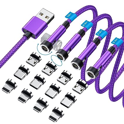 540° Rotation Magnetic Charging Cable 3 in 1 Magnetic Phone Charger [4-Pack, 3ft/3ft/6ft/10ft] 3A Fast Charging Cable & Data Transfer USB Magnet Charger Cable for iPhone/Micro USB/Type C Device-Purple