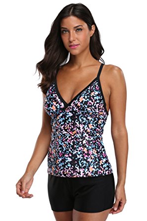 Sociala Women's Floral Crisscross Two Piece Tankini Set Swimsuit Bathing Suit