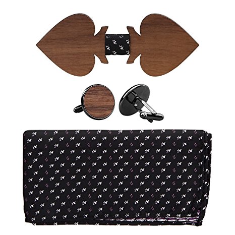808 Ave Mens Walnut Wood Bow Tie with Matching Pocket Square and Cufflinks Set