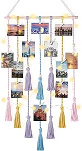 Mkono Hanging Photo Display Boho Macrame Wall Decor with Light, Teen Girl Teenage Gifts, Pictures Cards Frame Holder Art Hanger for Birthday Party Room Bedroom Dorm, with 30 Wood Clips, Multi