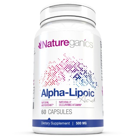 Natureganics Alpha Lipoic Acid - Pure Naturally Occurring Universal Vitamin Antioxidant, 500mg, Helps Maintain Healthy Blood Sugar Levels. USA Made, Guaranteed!!