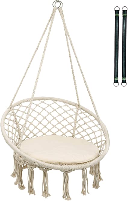 RedSwing Hanging Hammock Chair, Macrame Swing Chair with Cushion and Hardware Kits, Cotton Rope Hammock Swing Chair for Indoor Bedrooms and Outdoor Use