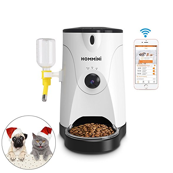 Smart Feeder,HOMMINI Automatic Pet Feeder with 110° HD Camera Video Voice Recording Real-time Sharing,250ml Water Feeder for Dog & Cat, Controlled by Iphone, Andriod or Other Smart Devices