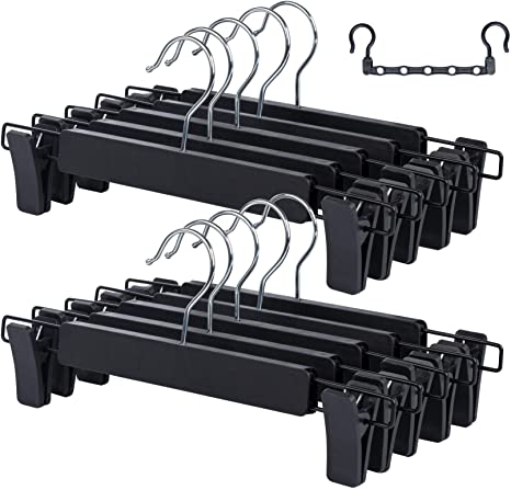 ilauke 10 Pack Trouser Hangers Skirt Hangers Black Plastic Clothes Hangers with Strong Non-slip Adjustable Clips, 360° Hook, Hangers for Skirts, Jeans, Slacks   Magic Hanger