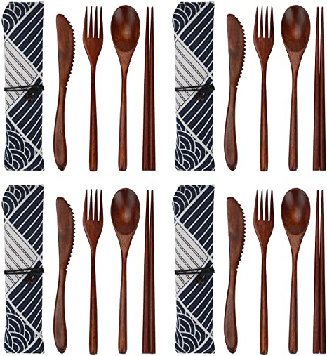 Ideashop Wooden Cutlery Set 16 PCS Reusable Flatware Set, Portable Wooden Utensils for Eating Includes Wooden Knife, Fork, Spoon, Chopsticks, with Pouch for Household Office Camping Traveling