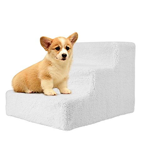 Amzdeal Dog Steps Pet Stairs Pet Dog Easy Climb Fleece Covered Pet Stairs with Removable cover- White