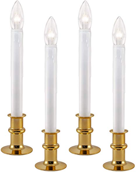 612 Vermont Ultra-Bright LED Window Candles with Timer, Battery Operated, Metal Base, White Candlestick, Adjustable Height (Pack of 4, Polished Brass)