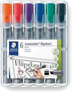 STAEDTLER Flipchart Marker Lumocolor, Keilspitze ca. 2,0 - 5,0 mm Linienbreite, lange Lebensdauer, nachfüllbar, geruchsarm, hohe Qualität Made in Germany, Set mit 6 Farben, 356 B WP6, 1 Stück