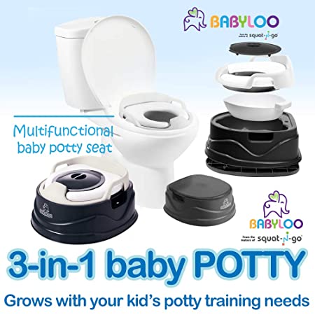Babyloo Bambino Baby Potty 3-in-1 Multi-Functional Children's Toilet Training Seat - 3 Convertible Stages for 6 Months and up (Jet Black)