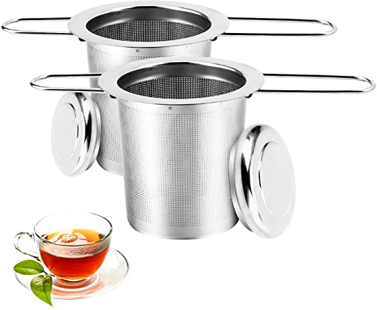 Tea Infuser 2 Pcs Tea Filter for Loose Leaf Grain Tea, Stainless Steel Tea Strainer with Folding Handle for Cups, Mugs, Pots and Coffee