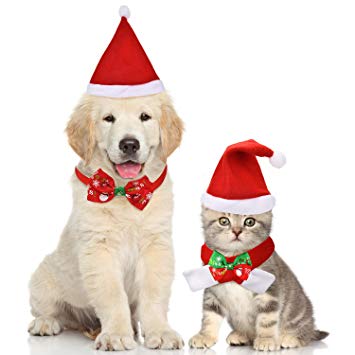 Boao 4 Pieces Christmas Pet Hat Scarf Collar Bow Tie for Small Dogs Cats Pet