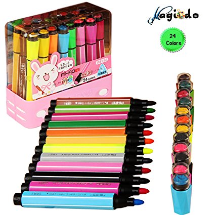 Magicdo 24Cols Watercolor Pen, Stamp Marker pen, Watercolor Marker pen with Art Seal, Non-Toxic& Washable Markers for Kids and Adults Coloring Book, Doodling, Drawing (Pink)