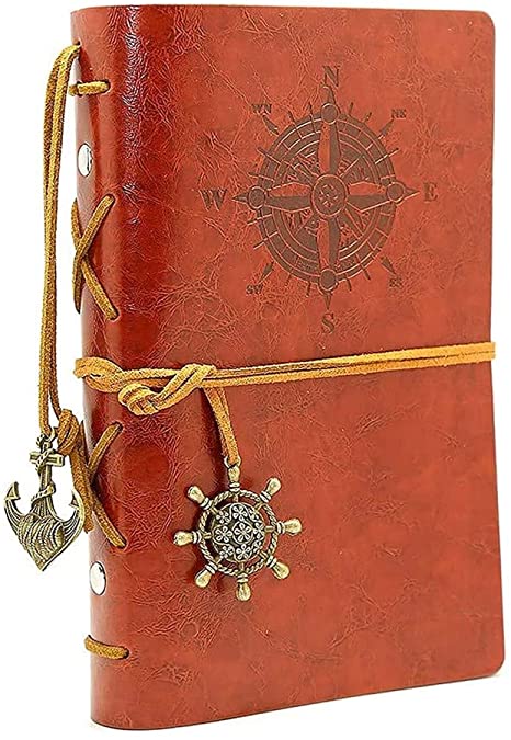 HGHC Vintage Refillable Journey Diary, Art Premium PU Leather Classic Embossed Travel Journal Notebook with Retro Pendants (13 * 18,5 cm, A6.)