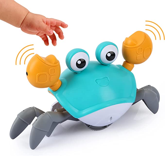 PintreeLand Crawling Crab Baby Toys with Music & Light, Tummy Time Interactive Toddler Toy Automatically Avoid Obstacles for Boys or Girls (Blue)