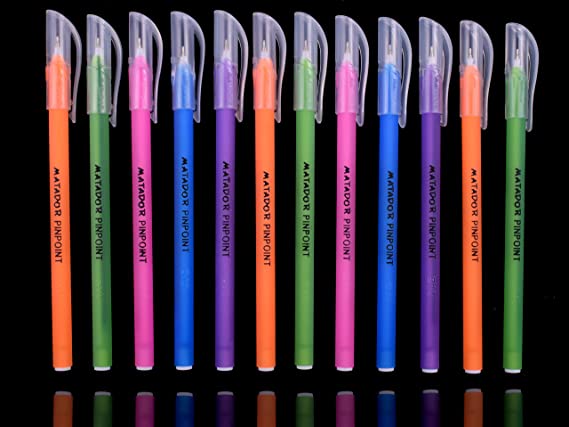 Matador Pin-Point Fine Point Roll Gel Pens 0.5mm Ballpoint Medium Fineliner Tip – All Black Ink 12 pack – Comfort Rubber Grip Fun Colourful Designs – Writing Drawing School Office Diary