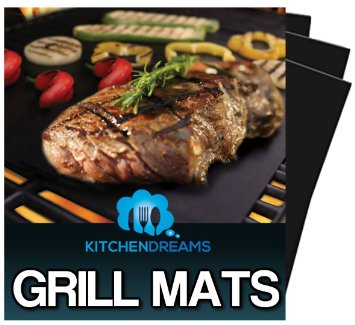 KitchenDreams BBQ Grill Mat (Set of 3) - 16 x 13 inch - Best Non-Stick Heavy Duty Cooking Mats for Grilling & Baking - Use on Gas, Electric & Charcoal Grills - BBQ Ebook Included!