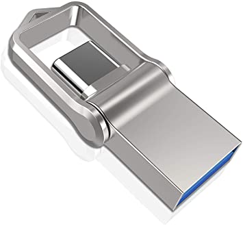 Type C USB Flash Drive 64GB, KALSAN 64GB 2 in 1 OTG Type C  USB 3.0 Dual Drive Waterproof Memory Stick with Keychain Metal-Silver Color