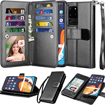 NJJEX Galaxy S20 Ultra 5G Case, for Samsung Galaxy S20 Ultra Wallet Case (6.9"), [9 Card Slots] PU Leather ID Credit Holder Folio Flip [Detachable] Kickstand Magnetic Phone Cover & Lanyard [Black]