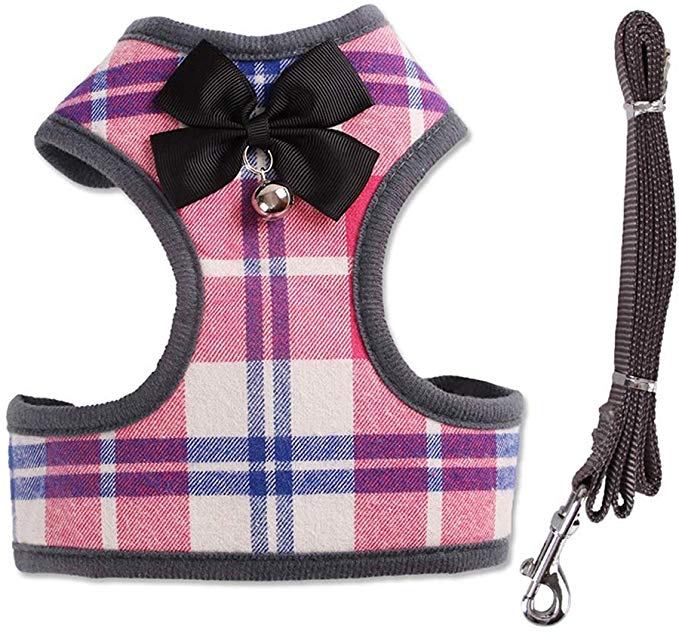 Rantow Heavy Duty Pet Dog Harness Vest   Pet Dogs Leash - Classic Plaid Puppy Harness Kitty Lead Rope Set for Small Dogs Big Cats - With Cute Bow Tie ＆ Bell (M, Pink Plaid)