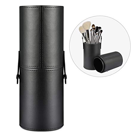 Makeup Brush Holder Etmury Professional Travel Case with Vegan Leather Round Cover Large Capacity Storage for Pen Pencils Brushes Countertop Display Container (PU Black)
