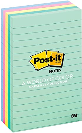 Post-it Notes, 4x6 inches, 5 Pads, America's #1 Favorite Sticky Notes, Marseille Collection, Pastel Colors (Pink, Mint, Yellow), Recyclable (660-5PK-AST), Pack of 1