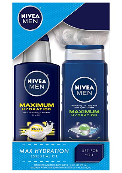 NIVEA Men Maximum Hydration Essential Pack - Body Lotion, Body Wash and Shower Loofah Included - Two(2) 16.9 Fl. Oz. Bottles