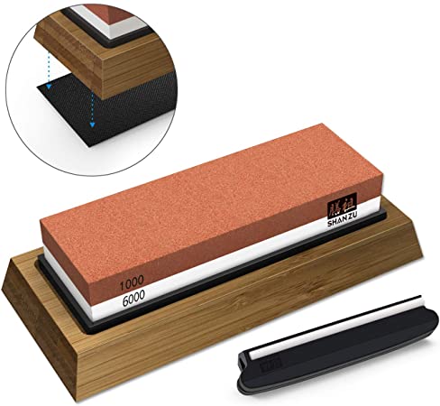 SHAN ZU Whetstone Knife Sharpening Stone Set, Premium 2-Sided Whetstone Sharpener 1000/6000 Grit Whetstone Kit with Non-Slip Bamboo and Silicon Base Angle Guide for Kitchen