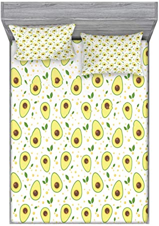 Ambesonne Vegan Fitted Sheet & Pillow Sham Set, Graphic Avocados Eco Organic and Raw Product Healthcare Clean Eating, Decorative Printed 3 Piece Bedding Decor Set, Full, Green Yellow