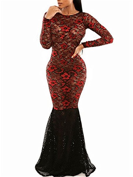 Cfanny Women's See through Sheer Floral Lace Mermaid Dress